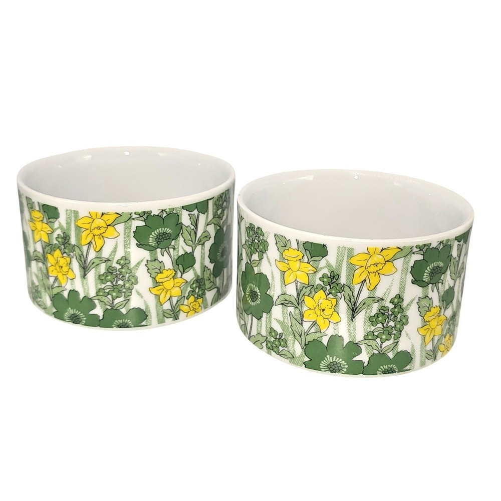 Vintage 70s Green Yellow  'Flower Garden' Soup Bowl/Mug Set R6774 Japan